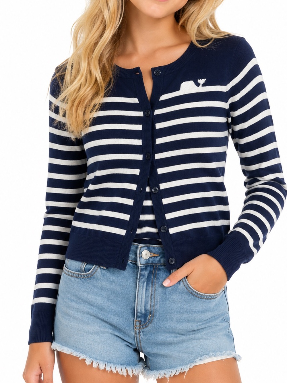 Vineyard Vines Youth Girls Size Large Navy and White Striped Cardigan Sweater